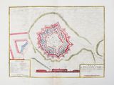 an old map of a city with a red and blue flower