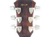 a close up of a guitar headstock with a white background