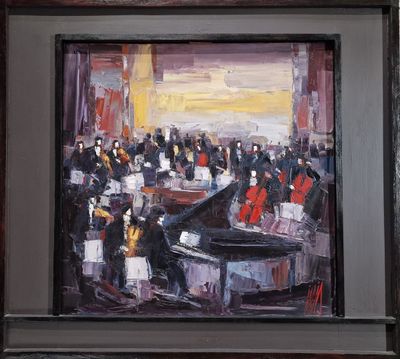 an oil painting of a group of people playing instruments in a room