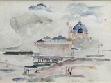 une aquarelle représentant un bâtiment sur la plage