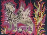 une broderie au point de croix représentant un lion sur fond noir