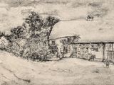 dessin au crayon représentant une ferme avec une grange et des arbres au bord de la route