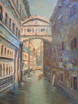 tableau représentant un canal dans une ville, avec des bâtiments et un pont