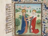 an open book with a painting of two women shaking hands