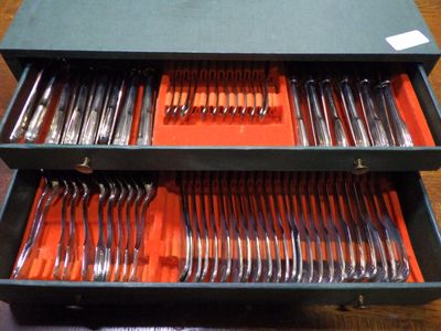 a lot of forks and spoons that are in a box