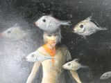 a painting of a woman with fish on her head