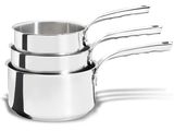 three stainless steel pots and pans stacked on top of each other