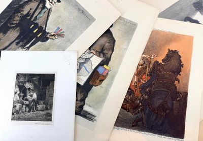 a lot of pictures on a table with a picture of a man