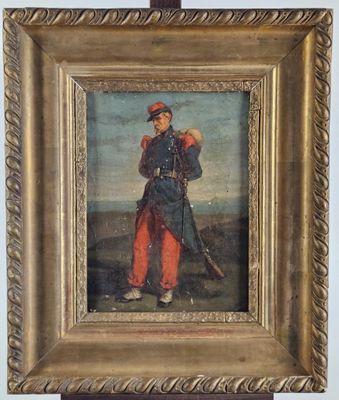 an old painting of a man in uniform holding a rifle