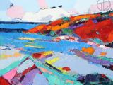 une peinture à l'huile représentant une scène de plage avec un bateau dans l'eau