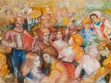 a painting of a group of people sitting on a couch