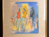 tableau représentant trois femmes en maillot de bain posées sur une table devant un fond noir