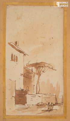 une image représentant un dessin d'un bâtiment devant lequel se trouve un cheval et une calèche