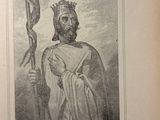 an old black and white drawing of a man wearing a crown