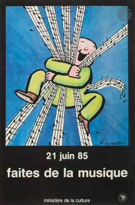 french poster of a man on a ladder with music notes coming out of his arms