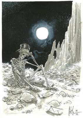dessin représentant un squelette assis sur un rocher, avec la pleine lune en arrière-plan