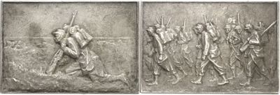 two pictures of a metal plaque depicting a man and a woman