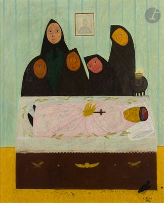 une image représentant un tableau où l'on voit un groupe de personnes dans un lit