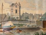 a painting of a boat in the water near a building