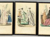 three antique fashion plates of women in evening dresses and a man in a tuxedo