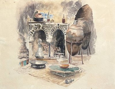 une aquarelle représentant une table sur laquelle sont posés des casseroles et des assiettes