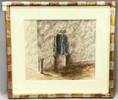 painting of a man with a suitcase and a hat in a frame