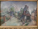 une photo d'un tableau représentant un village au bord de l'eau