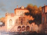 a painting of a boat on the water in front of a building