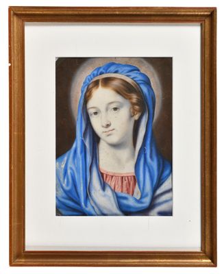 un tableau représentant une femme portant un voile bleu sur la tête