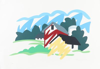 painting of a house with a red roof in a field with trees