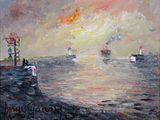 oil painting of a sunset over the ocean with boats in the water