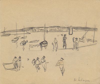 dessin représentant un groupe de personnes sur une plage, avec des bateaux en arrière-plan
