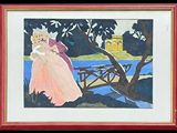 a picture of a painting of a woman and a man sitting on a bench