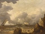 une image représentant un tableau où l'on voit des bateaux sur l'eau près d'un rivage rocheux