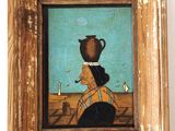 a picture of a painting of a woman with a pot on her head
