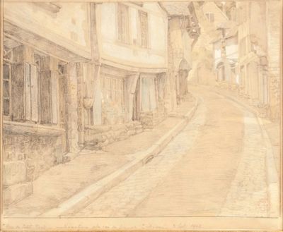 drawing of a street with buildings and a lamp post in the middle