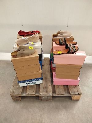 deux cartons contenant des chaussures, posés sur une palette