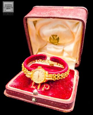 a red velvet case with a gold watch in it