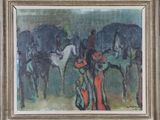 painting of a group of people with horses in a field