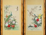 two framed chinese paintings of birds and flowers on a black background