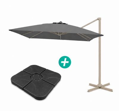 un parasol noir avec une base blanche et un siège noir