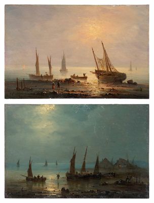 deux tableaux représentant des bateaux sur un plan d'eau, avec la lune dans le ciel
