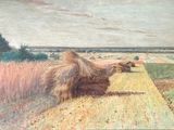 un tableau représentant un champ sur lequel se trouve une botte de foin