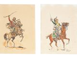 two drawings of men riding horses and holding swords in their hands