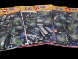 two bags of pokemon trading cards on a black background