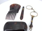 a hair comb, scissors, and a case on a table