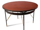 une table basse ovale avec un plateau en bois et des pieds en métal