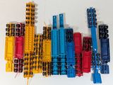 a lot of toy trucks that are lined up together
