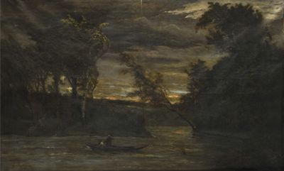 une image représentant un tableau où l'on voit un homme dans un bateau sur une rivière