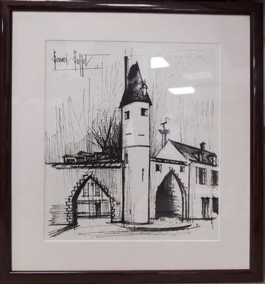 a picture of a drawing of a building in a frame